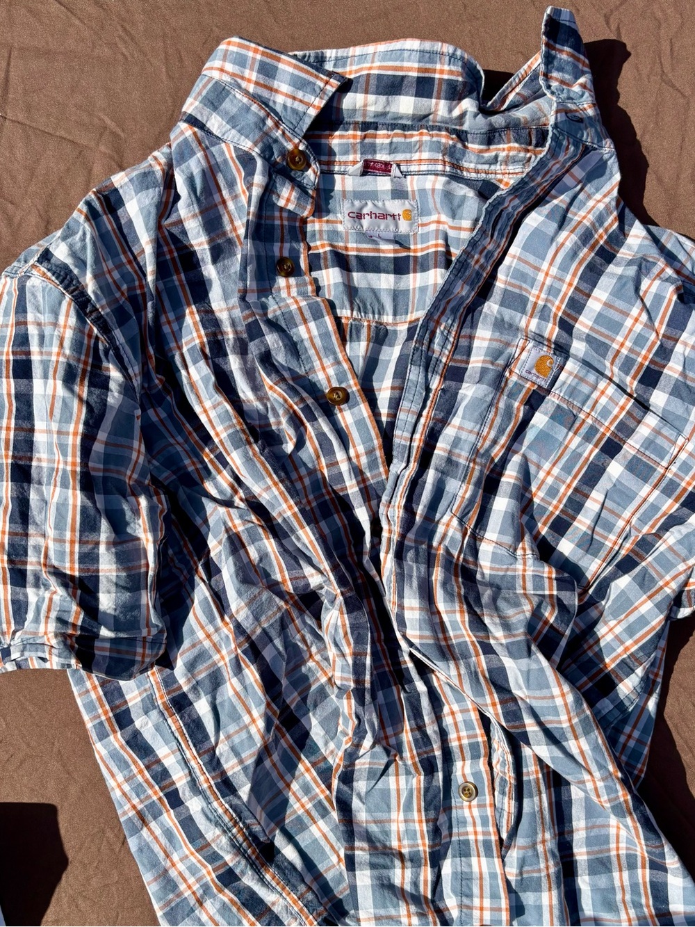 Carhartt Blue, White & Orange Plaid Short-Sleeve Button Shirt